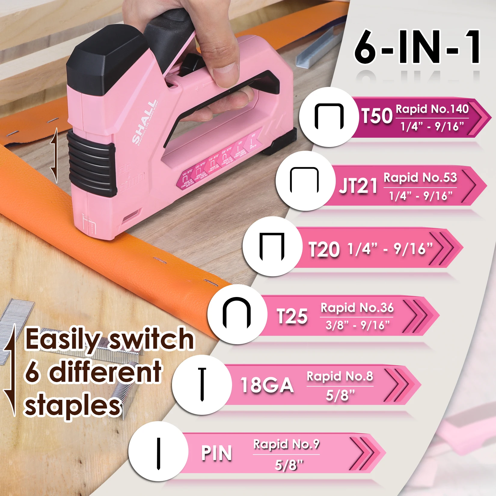 SHALL Pink/Blue Nail Gun 6-in-1 Upholstery Stapler with 4000Pcs Staples& Stapler Remover Dual Power Staple Gun Home DIY Tools 2