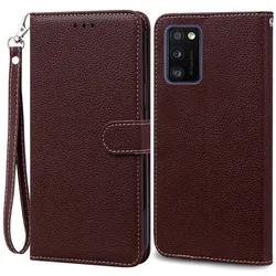 Elegant Leather Flip Wallet Case - Premium Soft Silicone Protective Cover for Samsung A41 (Coffee -Strap)