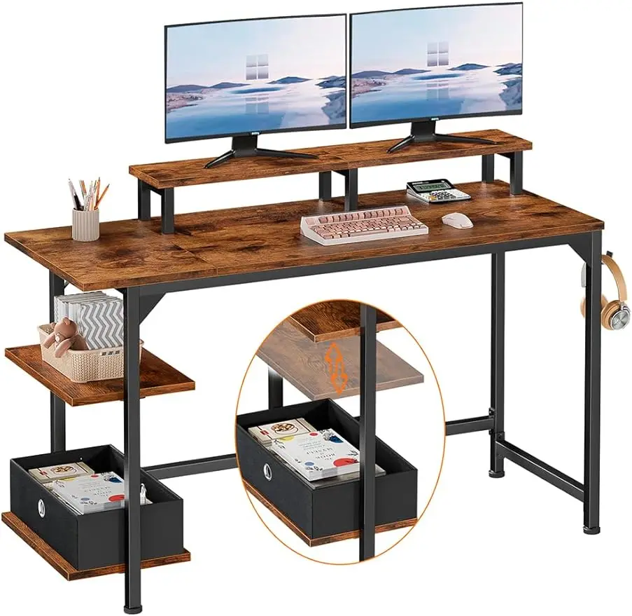 home computer monitor riser stand w phone holder computer desk organizer laptop desk storage drawer locker Furologee Computer Desk with Shelves and Fabric Drawer, 47