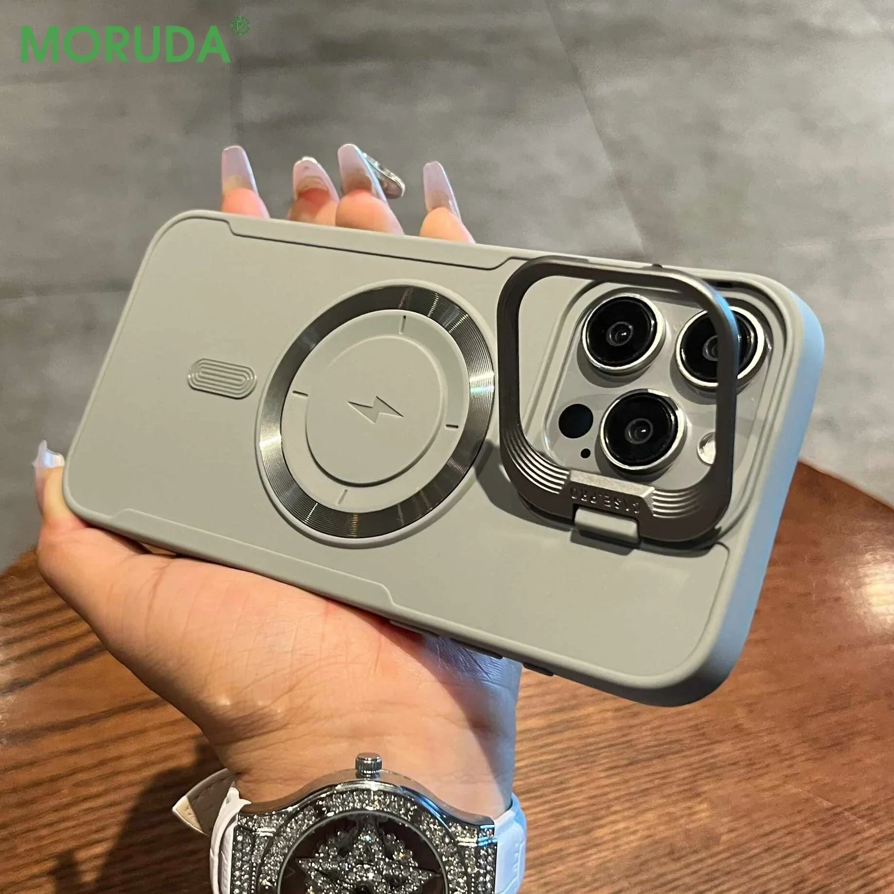 Luxury Flip-Up Lens Holder Magnetic Case with Magsafe Charging - Premium Silicone Soft Cover