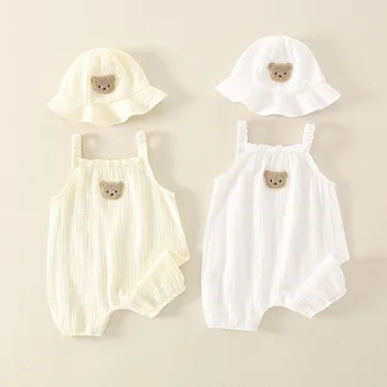 ZOETOPKID Baby Rompers and Hat Baby Summer Clothes Set Kids Coat Romper Cute Bear Embroidery Toddler Outfit Suit Infant Clothing