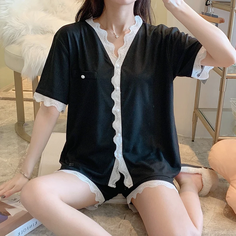 Women's pajamas suit 2024 summer short-sleeved pit stripe imitation cotton cardigan V-neck lace casual sweet homewear pajamas