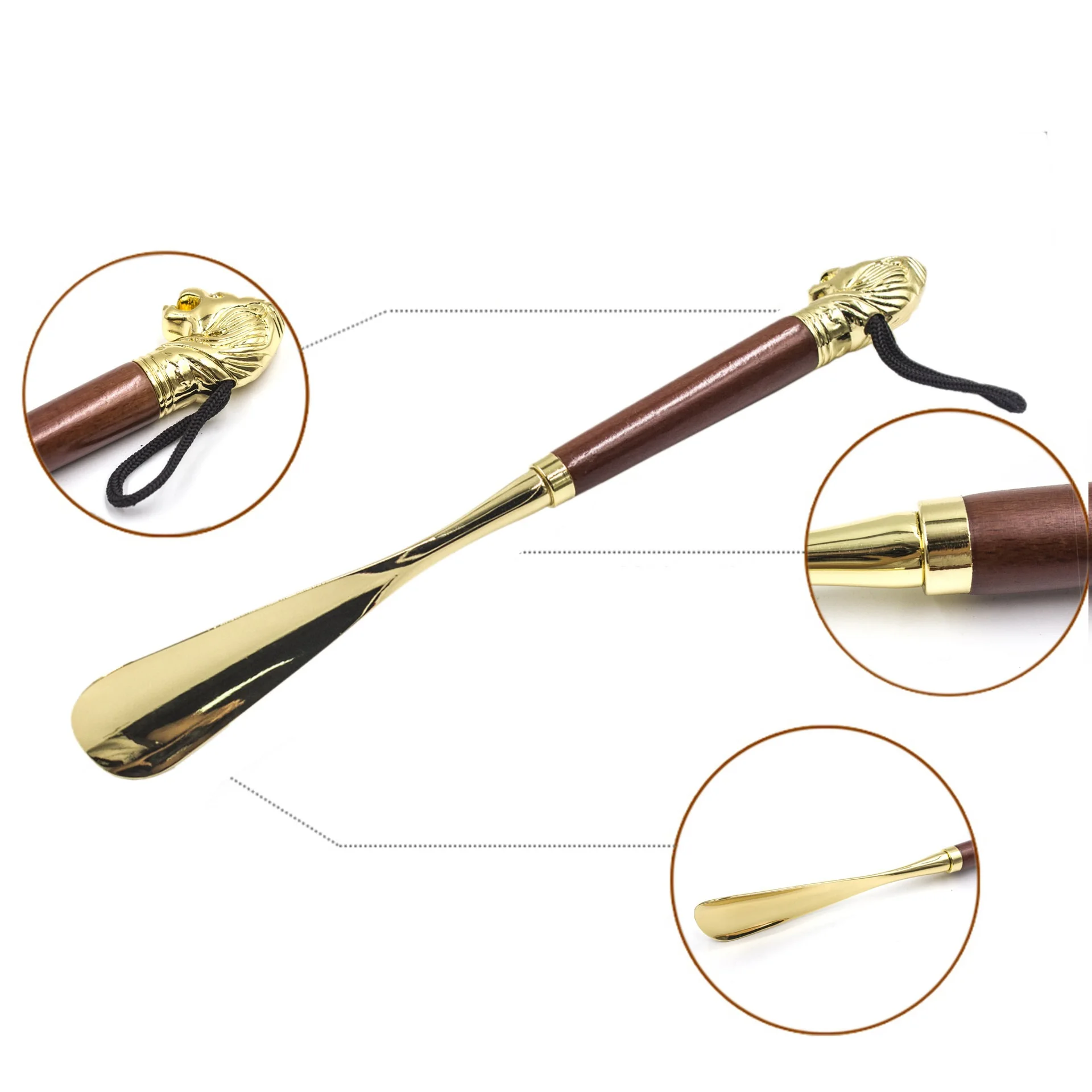 Shoe Horn Retro Durable Lion Head Long Metal Shoehorn Brown Wood Handled Shoe Lifter Spoon Wear Shoes Do Not Bend to Carry Shoes