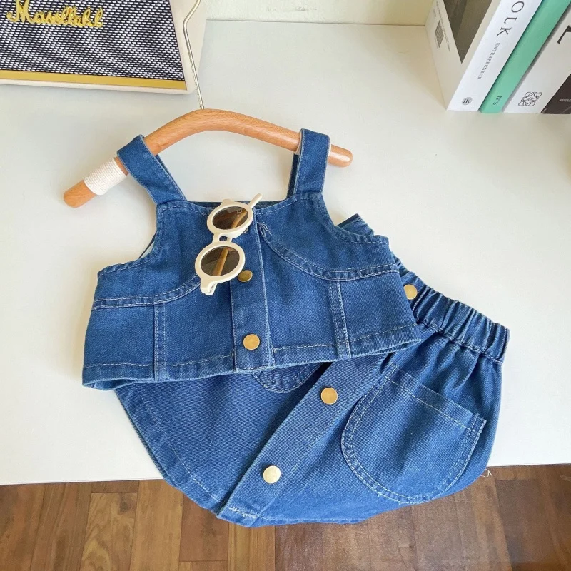 

Summer New Girls' Suit Cute Fashion Denim Sling plus Skirt Two-Piece SuitWS