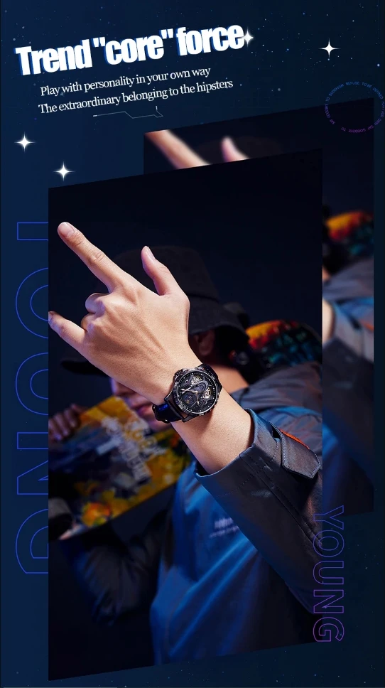 AILANG Herren Luxus Automatik-Mechanische Uhr mit Hohldesign, Doppel-Pendel, Fliehendem Schwungrad, Mondphase und Leuchtzeigern - Armbanduhr für Männer – Detail 3