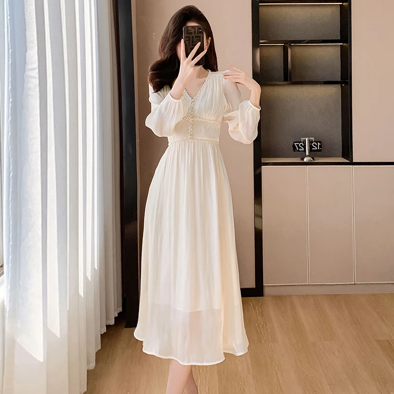 

MSHARBOR White Romantic Pearl Ornament Dress V-Neck Puffed Sleeves High Waist Date Party Long Casual Dress For Woman Vestidos