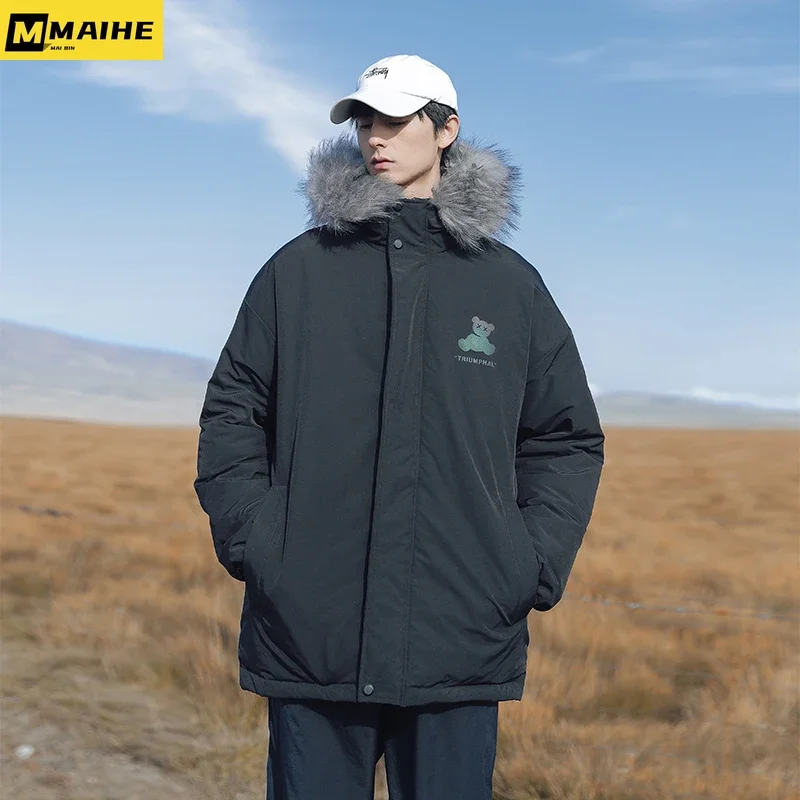 Down Jacket Men's Long Winter Cold-proof Detachable Fur Collar Colorful Bear Padded Jacket Hip-hop Harajuku Couple Hooded Parkas