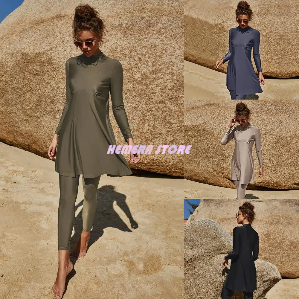 

Muslim Swimwear Women Solid Color Full Sleeve Side Slit Swimsuit 2pcs Islamic Burkinis Female Bathing Suit Two Piece Sets 2023
