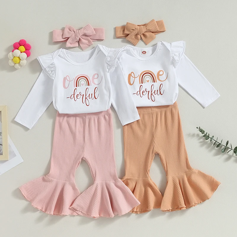 

Listenwind 0-2Y Baby Girls Birthday Outfits Rainbow Letter Print Long Sleeves Romper and Flared Pants Headband Fall Clothes