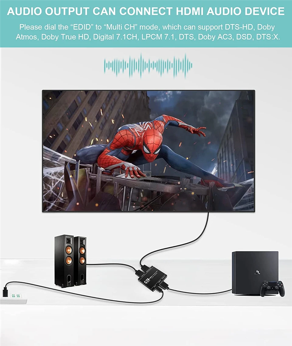 2025 Best HDMI audio extractor 4K 60Hz HDMI 2.0 Splitter 1 in 2 out 7.1 CH HDMI