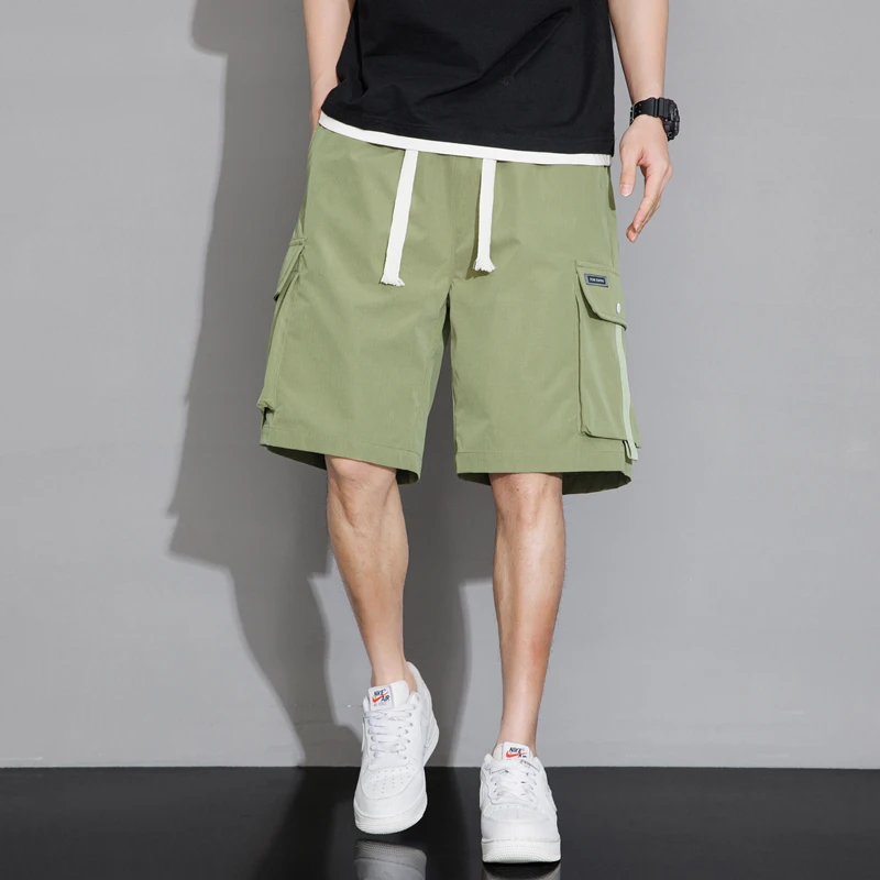 Solid Color Pockets High Waisted Casual Elastic Men's Summer Clothing Straight Drawstring Sports Pants England Style Shorts
