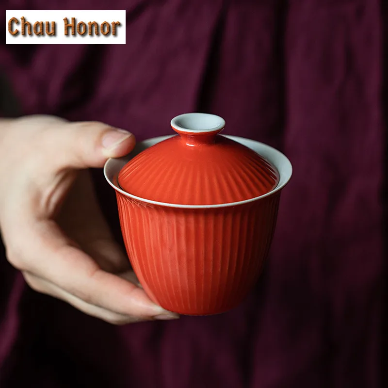 140Ml Coral Red Glaze Ceramic Tea Tureen Vertical Pattern Sancai Tea Bowl With Cover Tea Maker Gaiwan Household Kung Fu Tea Set