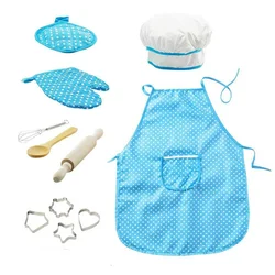 Girls' Chef Costume Set with Apron, Hat, Mitts & Utensils (11pcs blue)