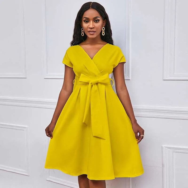 african fashion style Women V Neck Dress 2022 Summer Yellow Pleated A Line Waist Belt Fashion Female African Daily Evening Party Elegant Robe Vestidos african pants