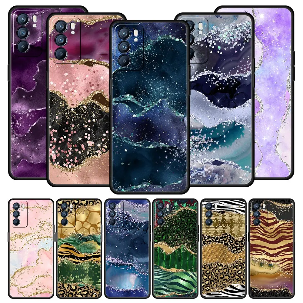 Navy Blue Glitter Agate Marble Phone Case For Oppo Find X5 A54 A53 A52 A9 2020 A15 A95 A16 A76 A74 Reno7 Se Reno6 Pro 5G Cover