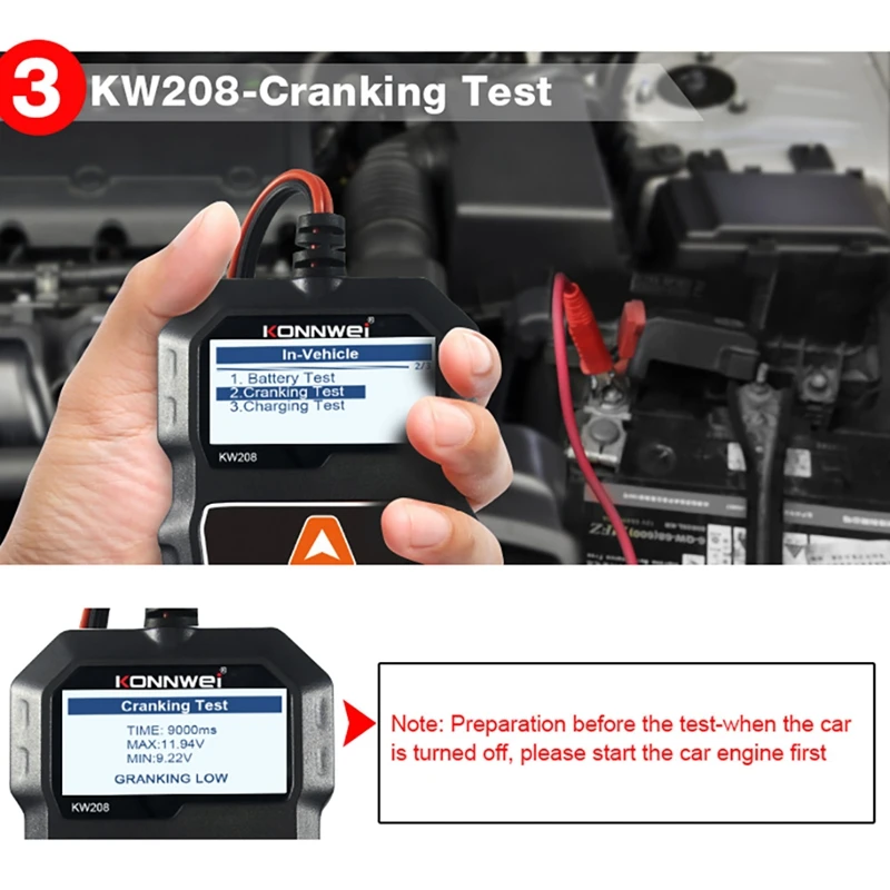 KONNWEI 자동차 디지털 배터리 용량 테스터 테스트 도구, KW208, 12V, 100-2000CCA