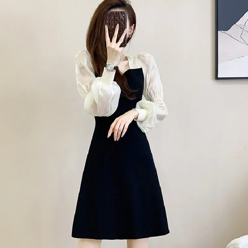 

Spring Mesh long sleeves stitching knitted dress women 2022 new Korean fashion A-line high waist black dress clothes for women