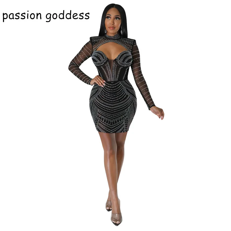 

2022 Autumn Women Full Sleeve Bodycon Diamonds Sexy Party Dresses Mesh Patchwork Hollow Out Rhinestone Slim Night Clubwear Dress