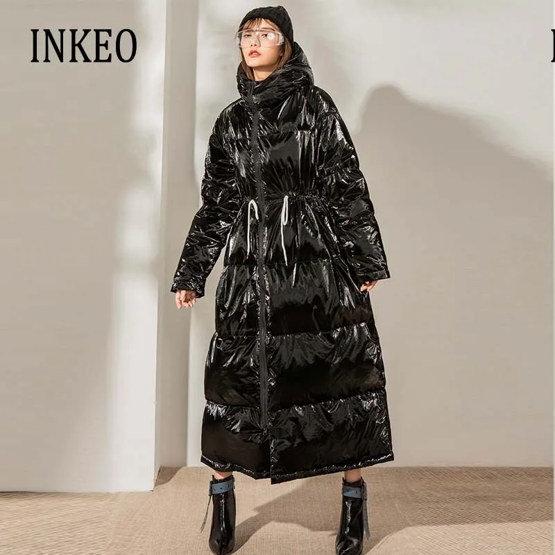 Autumn Winter Women Long Down jacket Large size Loose Hooded Female Outwear Thick warm 90% White duck down coat Chic INKEO 9O099