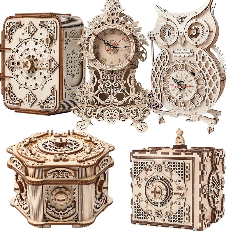3DDIYWoodPuzzleJigsawLockboxTrainClockCarModelSetMechanical