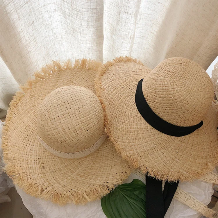 Dame Mode Temperament Sommer Neue Strand Schwarz Hut Stroh Bogen Bast Bast Strand Flache Hüte Band Hut Hut Frauen frauen Raffi – Detail 7