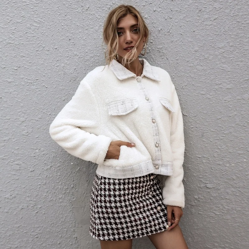Button lapel pocket wool 2022 autumn and winter jacket women's long-sleeved single-breasted slim temperament blouse