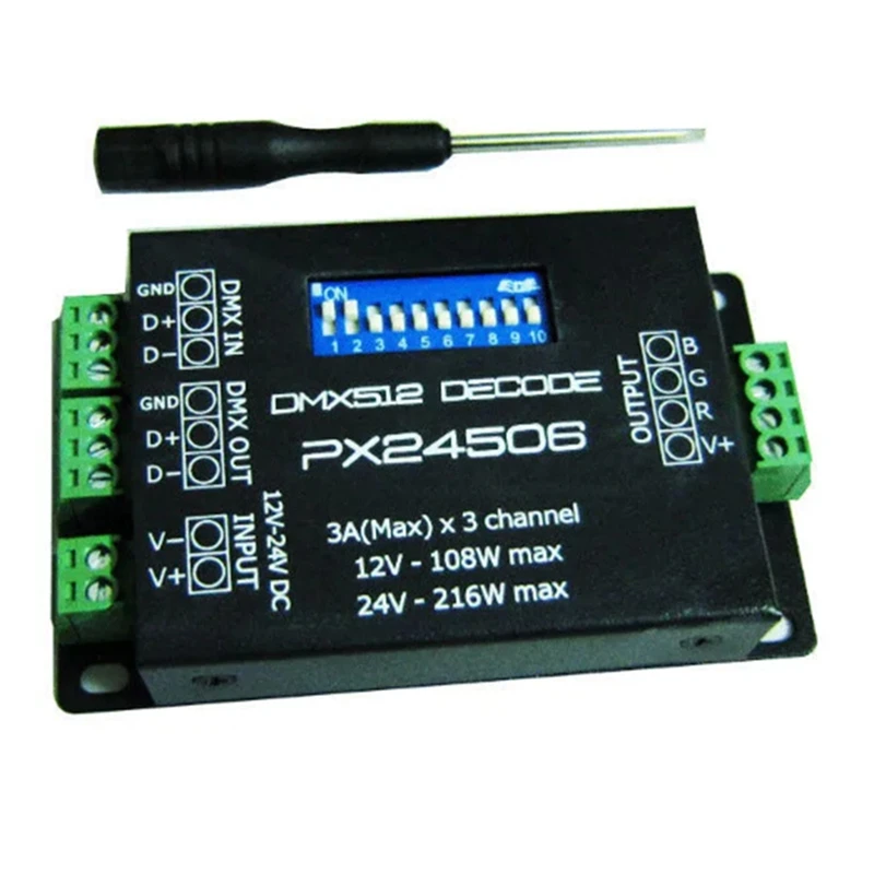 RGB LED 스트립 조명 컨트롤러, LED 디코더, DMX 512 디코더 드라이버, DMX 512 증폭기, PX24506, 9A, 12V, 24V