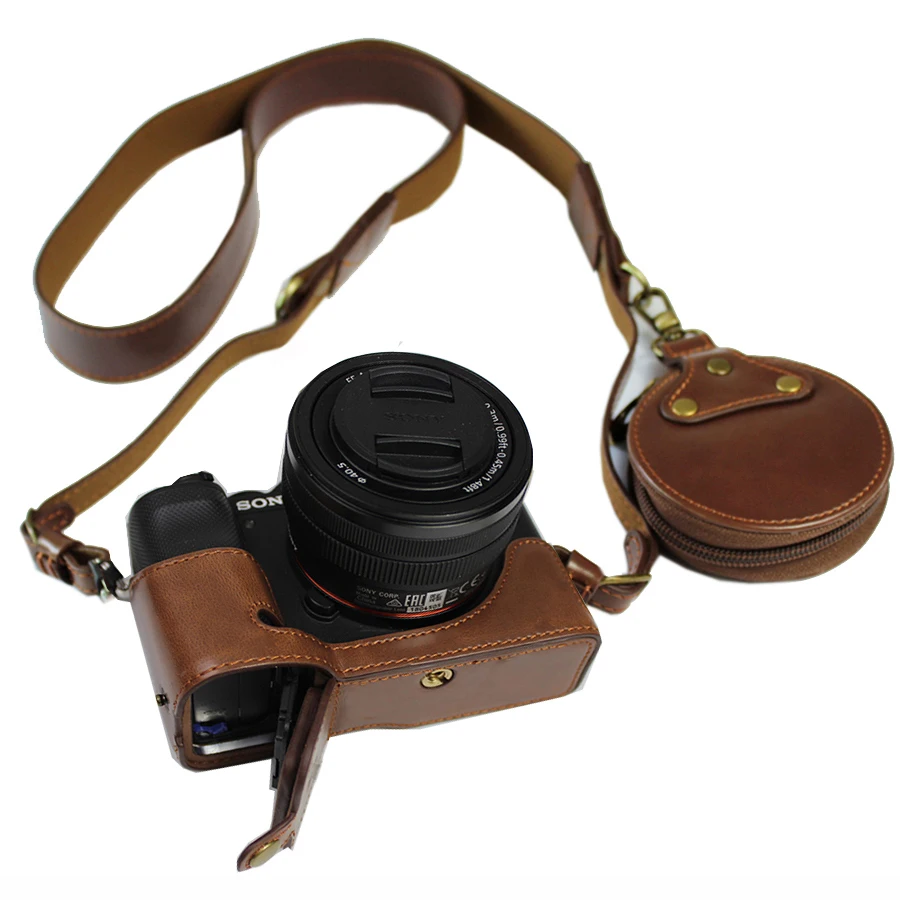 PU Cuir étui Housse Appareil Photo numérique Compatible avec Sony Alpha 7C A7C avec 28-60m FE4-5.6/FE 50mm F1.8 Lens Marron foncé 