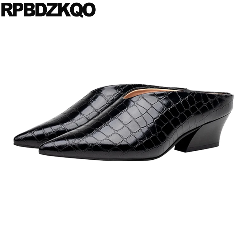 

Big Size Shoes Nubuck Half Pumps Chunky Snake Skin Medium Heel Mules Pointy Toe Slippers Slides Women Snakeskin Python Leather
