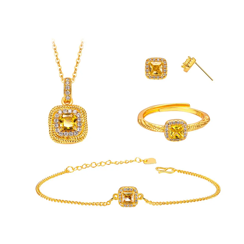 

18k Gold Color Romantic Bridal Yellow Zircon Jewelry Sets for Women Engagement Wedding Fine Rings Earring Pendant Set Gifts