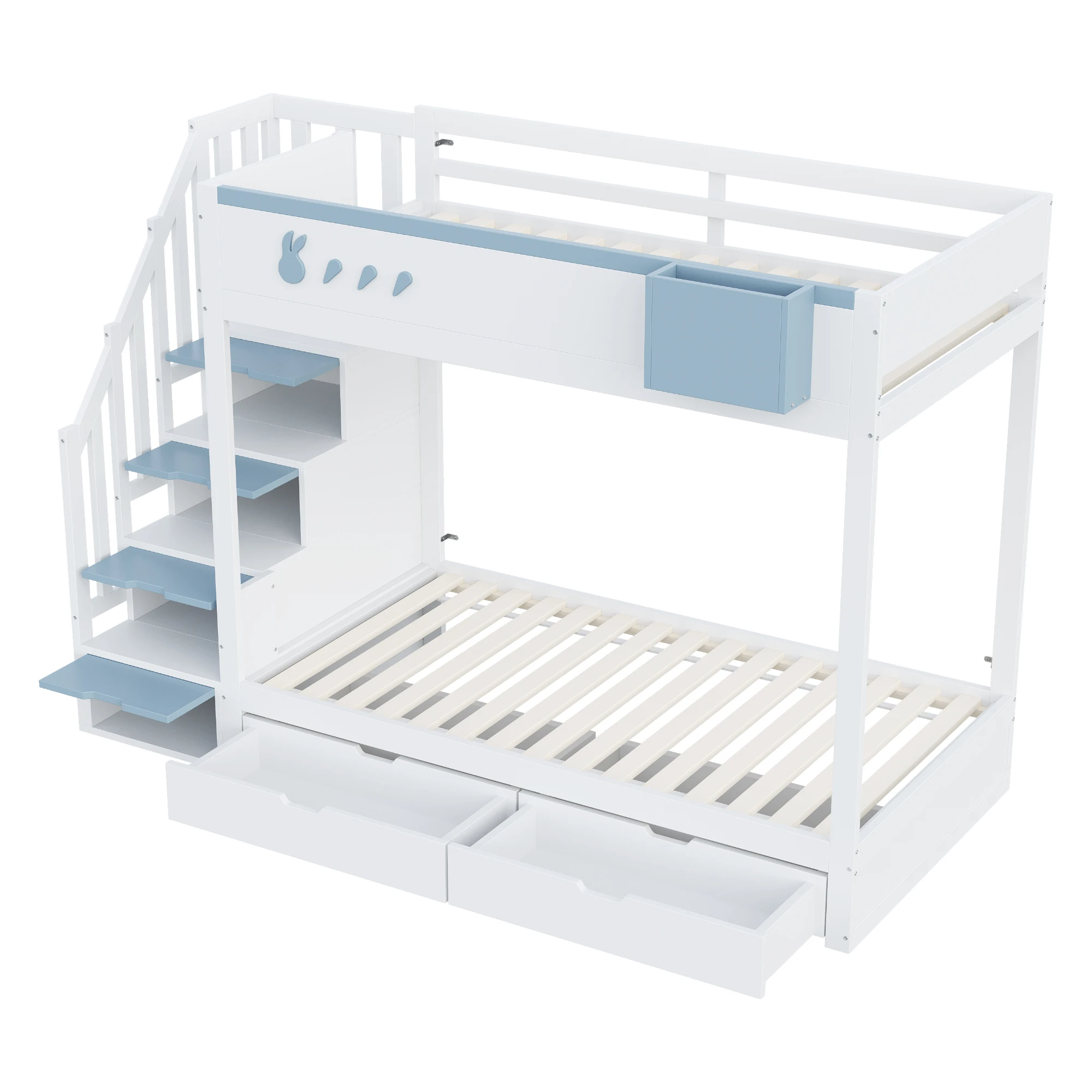 Etagenbett für Kinder, 90*200 cm, mit Hasen- und Karottenmotiven, abnehmbarem Ablageregal, sicherer Aufbewahrungstreppe, Schubladen, Lattenrost. – Detail 15