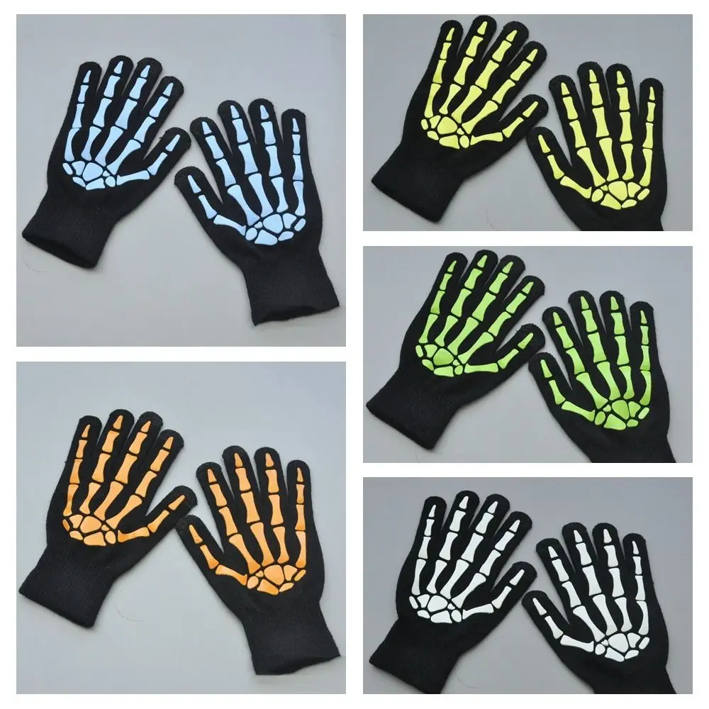 Full Finger Gloves Full Finger Halloween Gloves Thicken Windproof Luminous Skeleton Claw Gloves Cosplay Prop Glowing Skeleton Goth Mittens