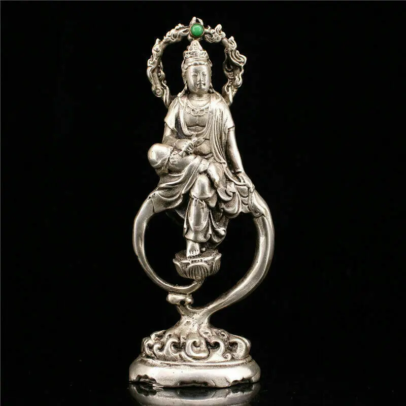 

7.09" Chinese Pure Copper Silvering Inlay Gem Handmade Kwan-Yin Buddha Statue