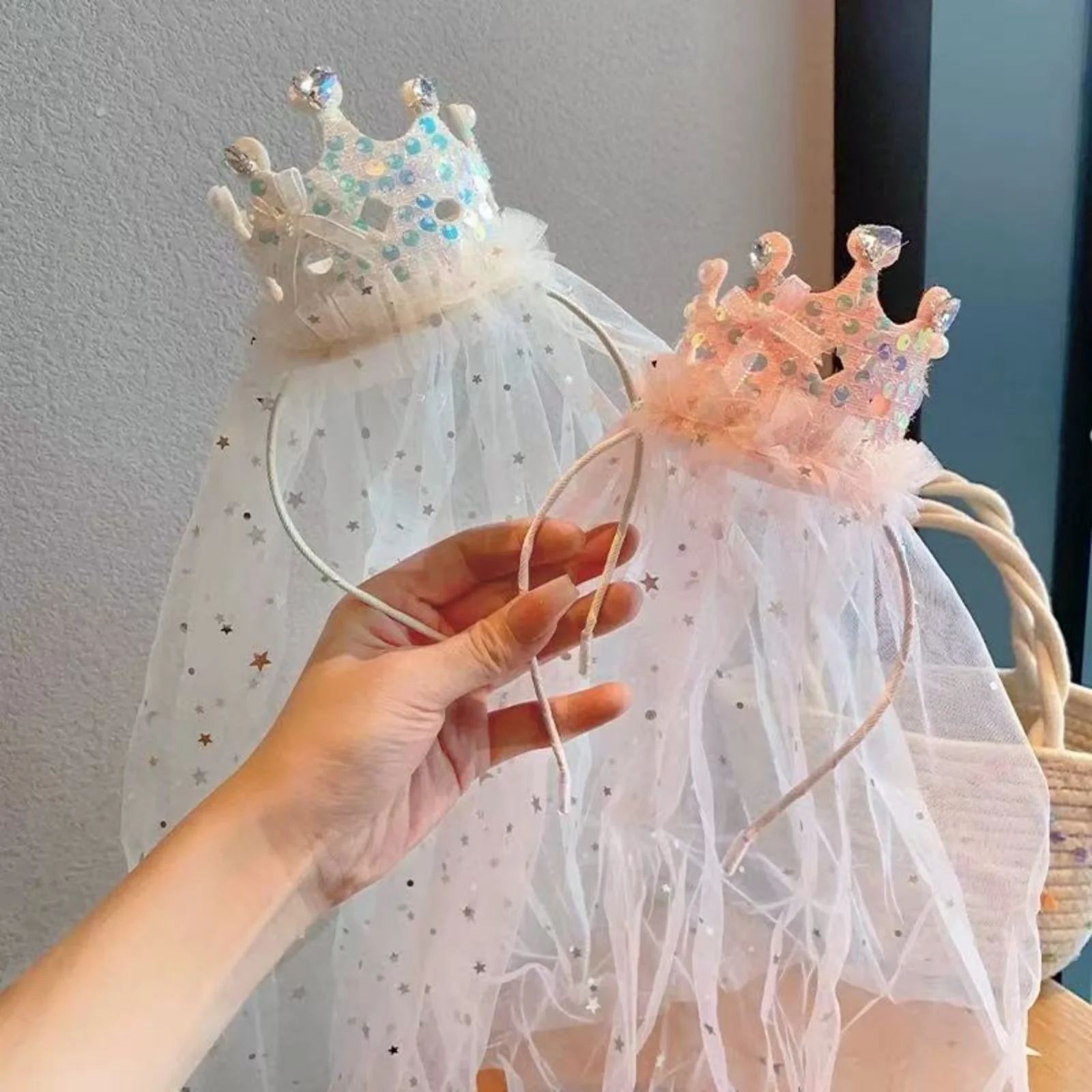 1PC Princess Crown Veil Headbands,Sparkly Tulle Hair Accessories,Pink White Sequin Party Headwear,Cute Girl's Dress Up Headbands