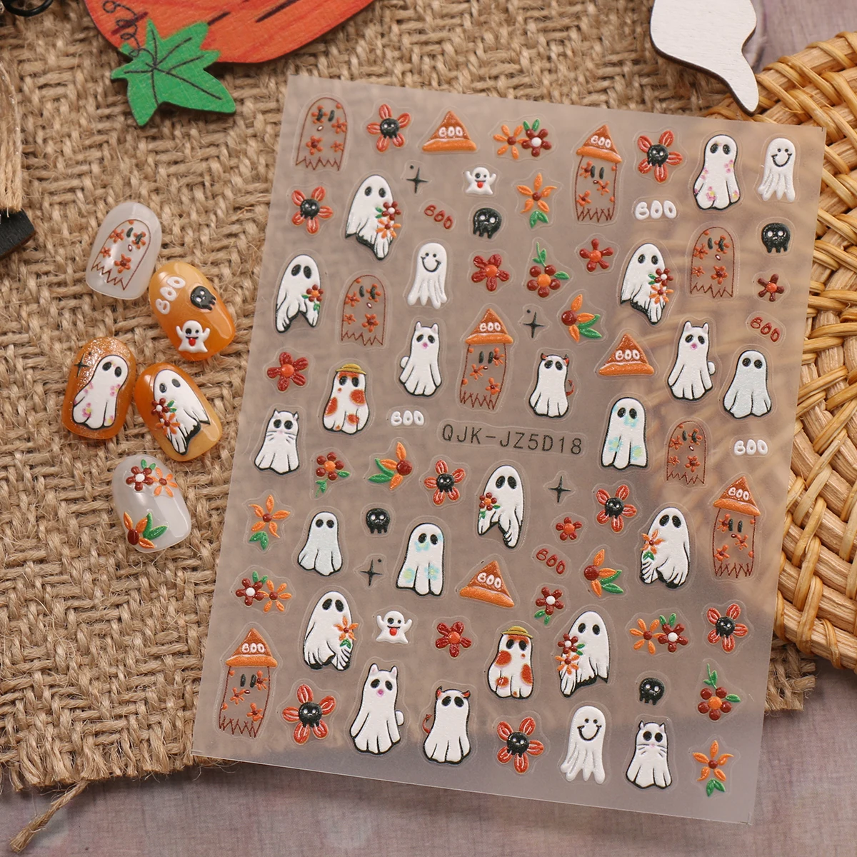 Day of the Dead Halloween 5D Relief Nail Stickers – Spooky Ghost and Pumpkin Designs