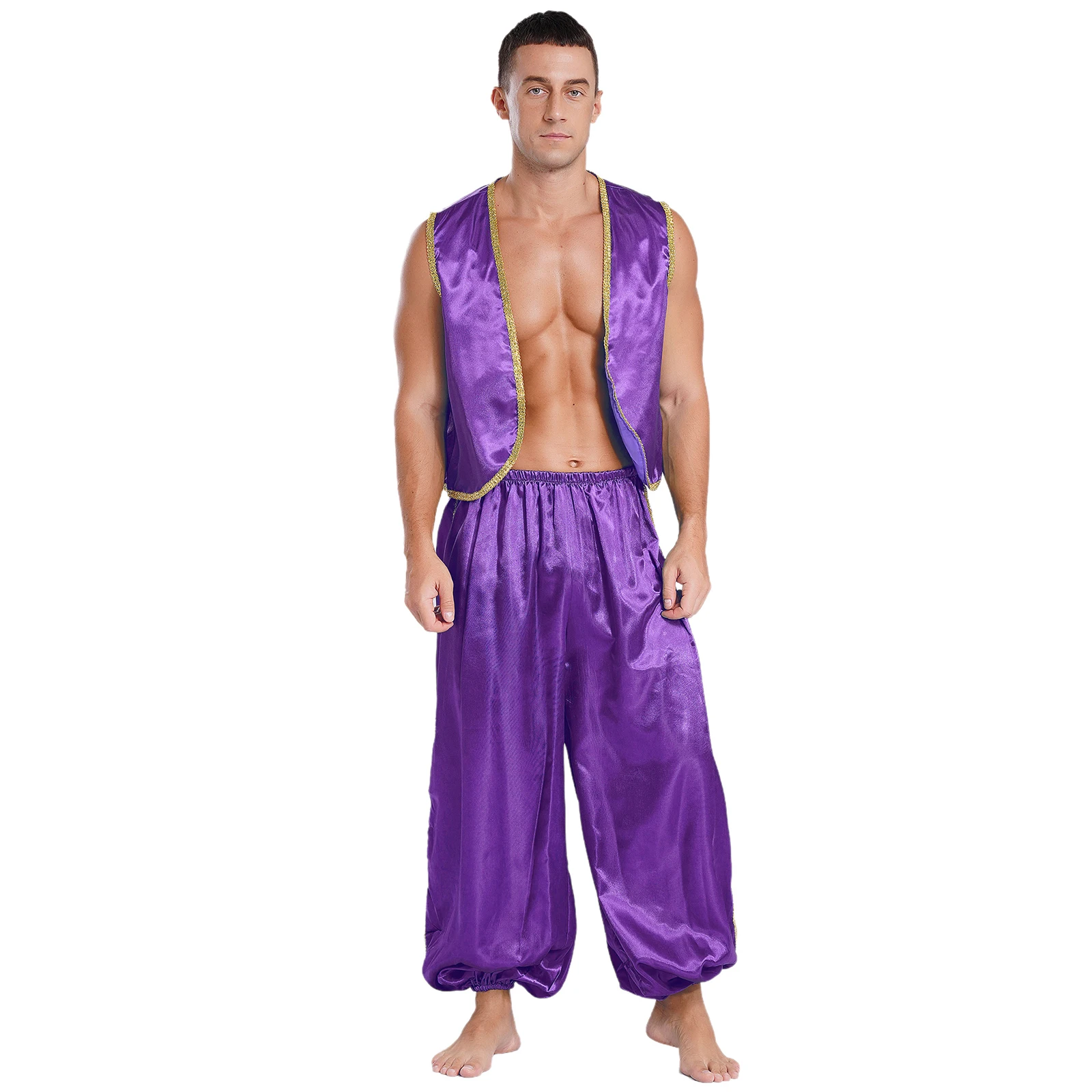 thumbnail image 1 of Conjunto de satén con adornos dorados del príncipe árabe de Halloween para hombre, chaleco abierto por delante y pantalones de cintura elástica, trajes de danza del vientre para Cosplay de cuentos de, 1 of 5