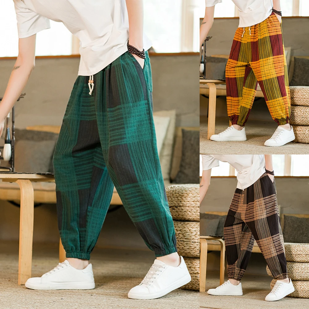 

Mens Chinese Style Traditional Casual Color-Blocked Cotton Linen Trousers Genderless Autumn Loose Retro Plaid Trousers Unisex