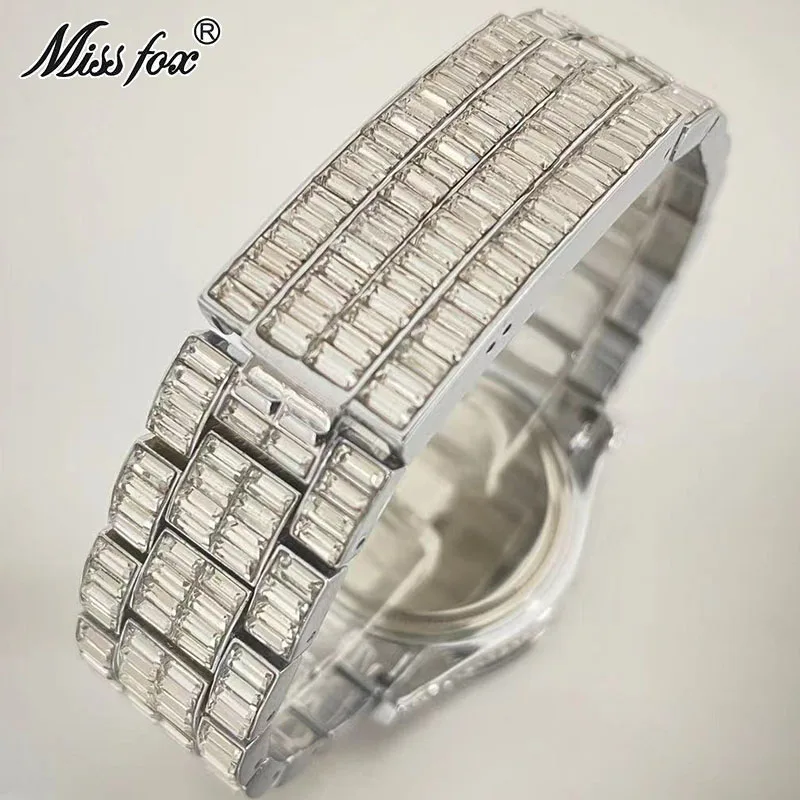 MISSFOX luxusní iced hodinky pro muži móda značka vodotěsný křemen hodiny duha obdélník diamant náramkové hodinky dar svobodné doprava