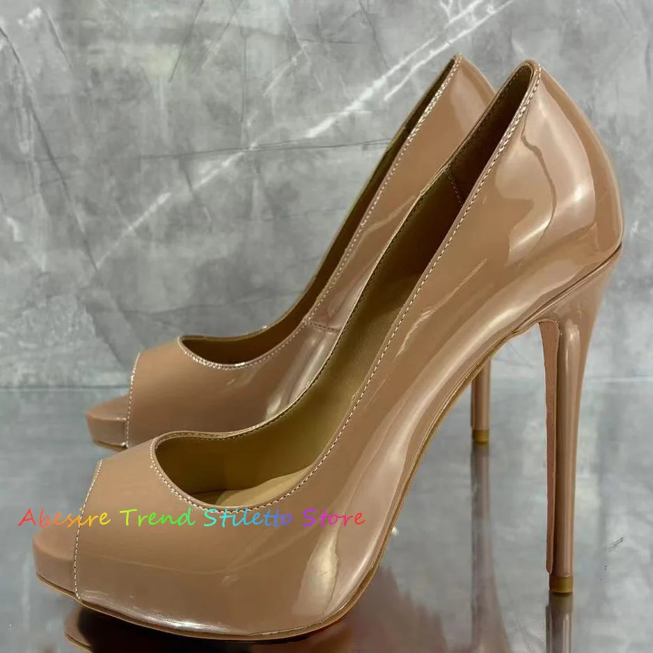 Nude Patent Leather Thin High Heel Pumps Women 12cm Peep Toe Stiletto Heels Slip on Size 43 Formal Party Dress Runway Shoes