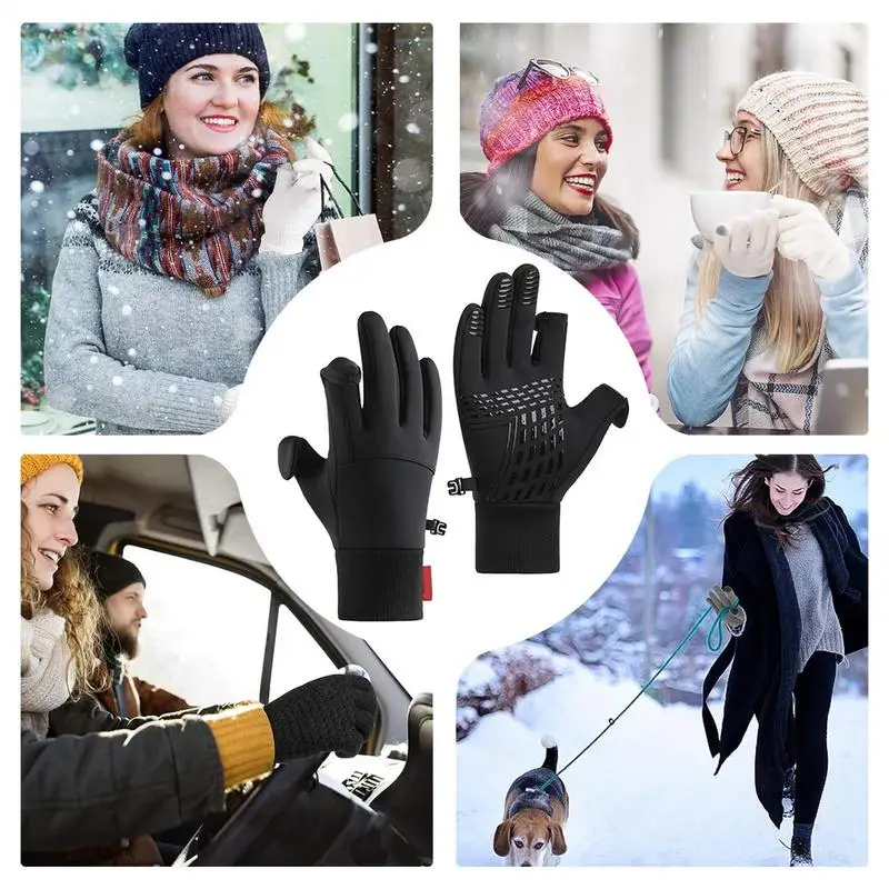 Hiking Gloves Waterproof Non-slip Gloves With 2 Fingerless Design Fleece-Lined Winter Gloves Warm Running Gear For Women Men 3
