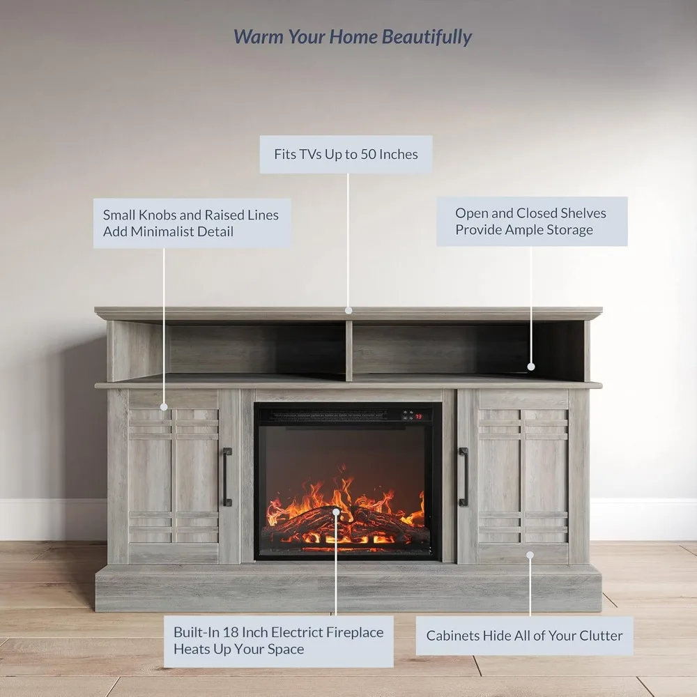 48" TV Stand with 18" Electric Fireplace Heater, Modern TV Stand for TVs up to 50", Entertainment Media Stand with Open 4