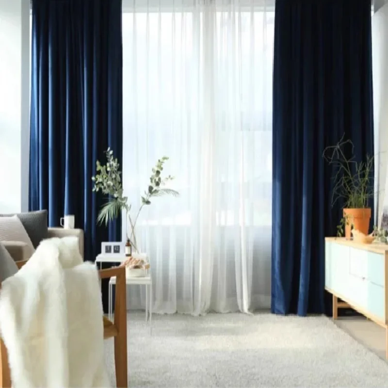 

High End Light Luxury French Deep Blue Treasure Blue Blackout Curtains Velvet Solid Color Living Room Bedroom Floating Curtains