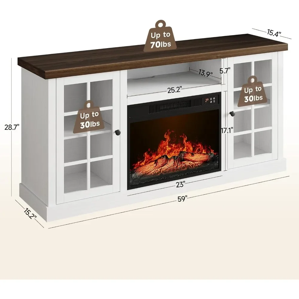 59" Fireplace TV Stand for TVs Up To 65 in With Storage and Glass Doors, 23" Electric Fireplace, Media TV Console 2