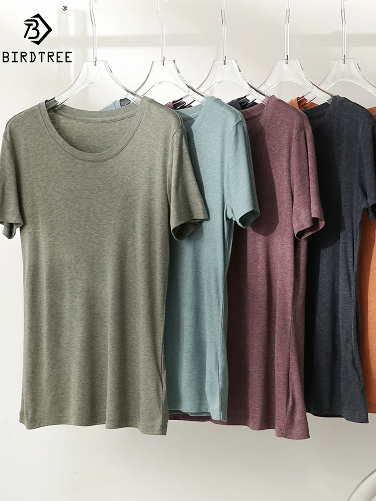 

Футболка BirdTree из 6% шелка тутового шелкопряда, женская элегантная Свободная Повседневная Блузка в полоску с коротким рукавом и круглым вырезом, T467122QM, лето-осень 2024