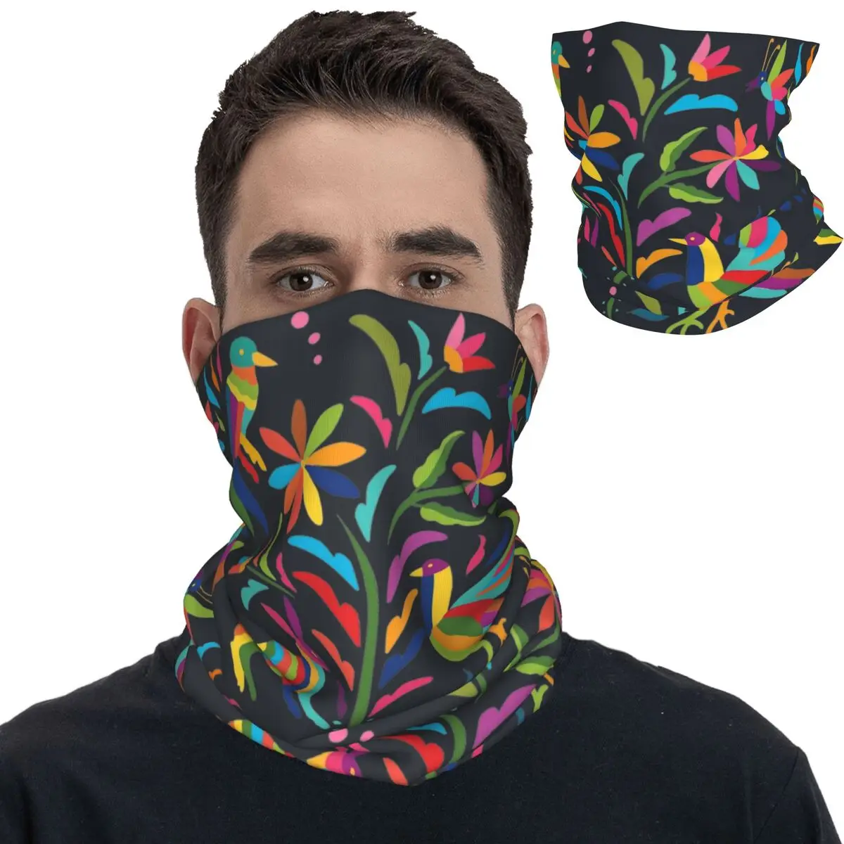 

Mexican Otomi Flora And Fauna Composition Bandana Neck Gaiter Printed Wrap Scarf Warm Balaclava Running Unisex Adult Washable