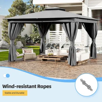 10x13 FT Outdoor Gazebo for Patio, Heavy Duty Party Tent with Double Roofs, Outdoor Canopy with Curtains and Nettings for Deck, 4