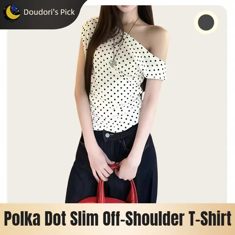 Korean Style Retro Ivory Black Polka Dot Slim Fit Short-Sleeved...
