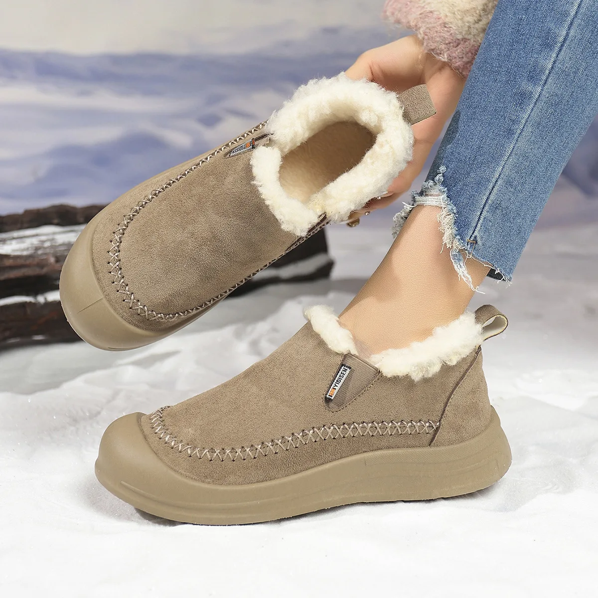 Damen-Slip-on-Baumwollschuhe, 2025, Winter, neuer Plüsch, verdickt, Outdoor, lässig, warme Schuhe, modisch, Vintage, rutschfest, bequem, Schneestiefel – Detail 10