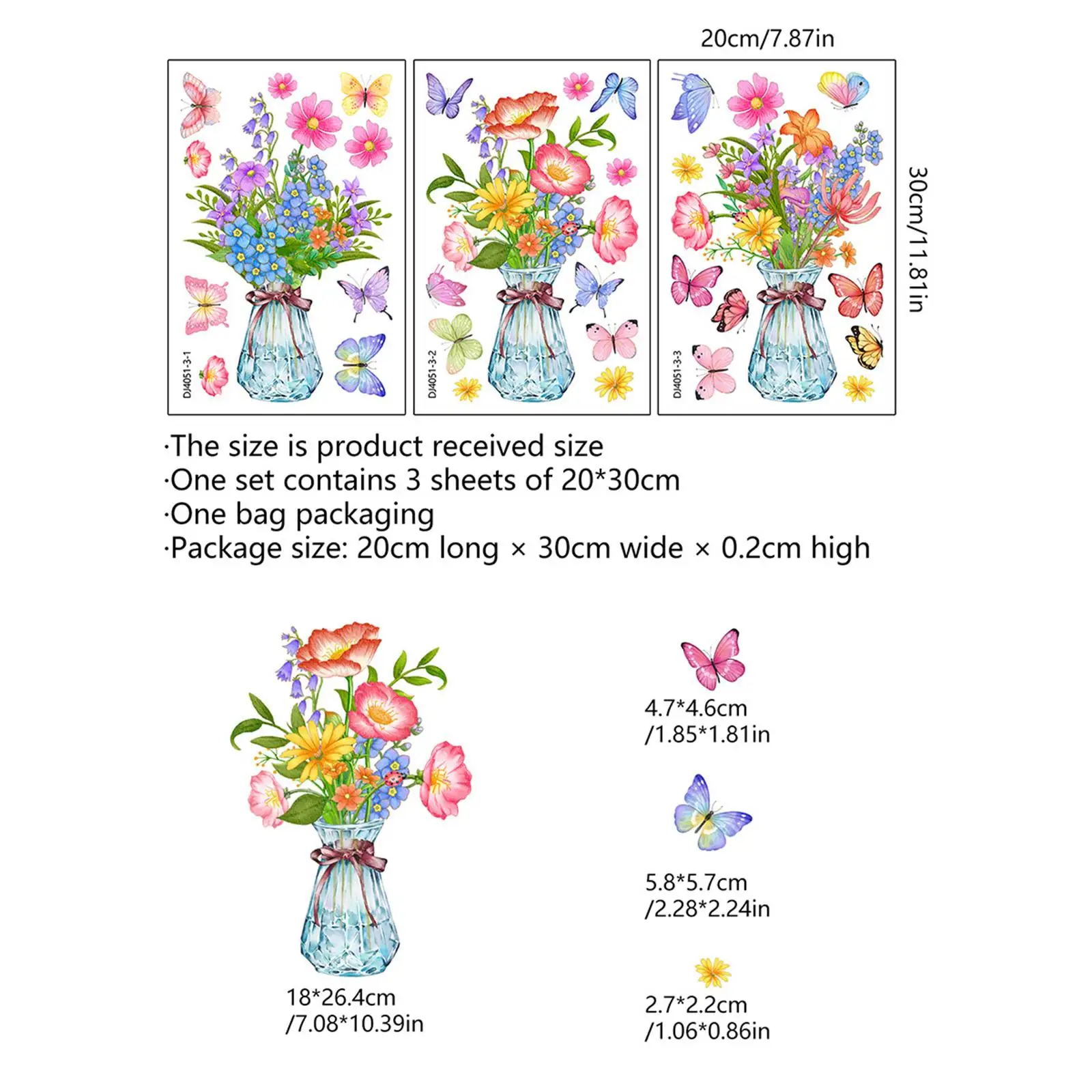 3 Sheets Window Stickers Flowers Butterflies Flower Vase Summer Glass Window Clings for Bedroom Living Room Office Home School