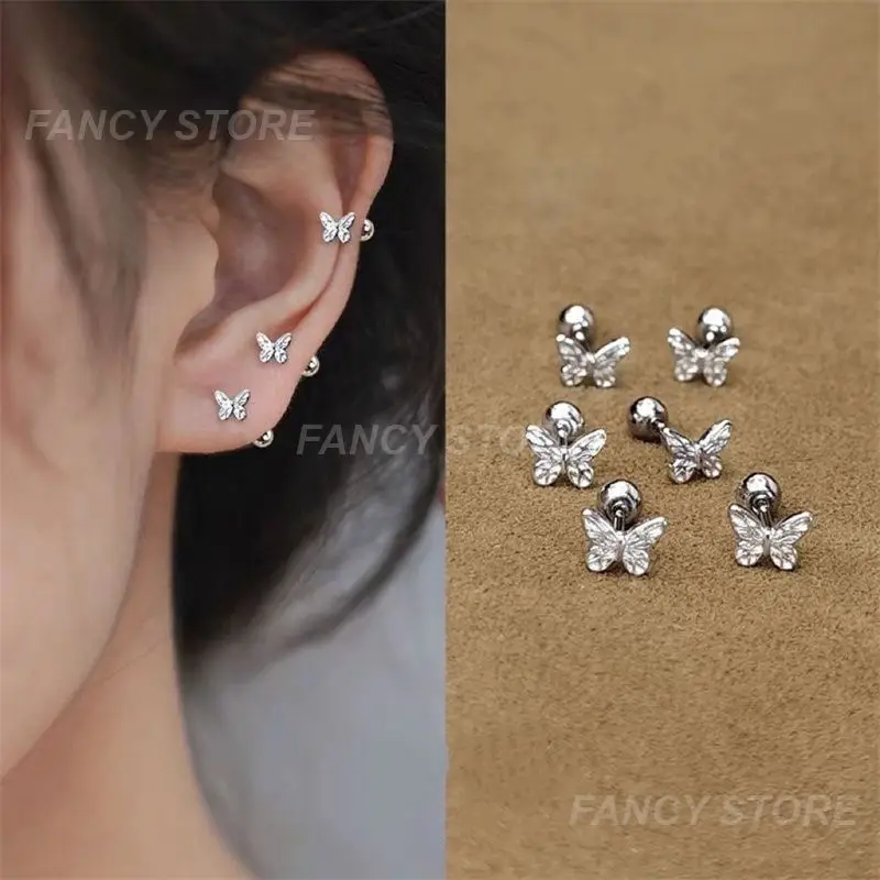 1Pair Silver color Needle Simple Butterfly Ball Stud Earrings for women girls Ear Bone Studs Charm Wedding Party Jewelry Gift